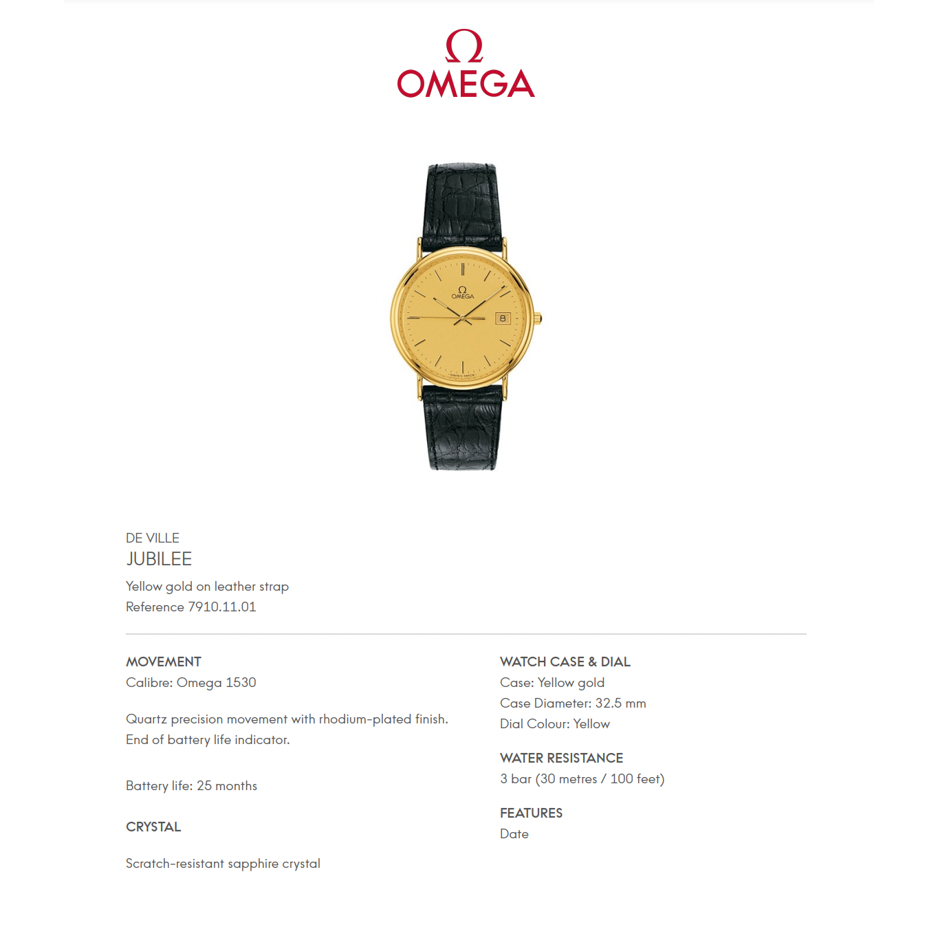 Omega De Ville Jubilee 18K Gold Quartz (New)