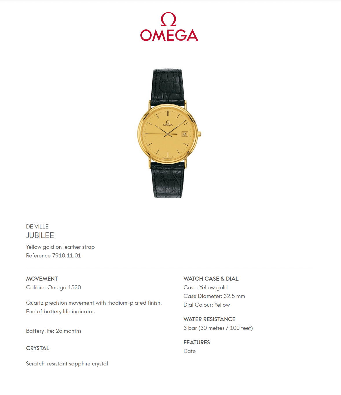 Omega De Ville Jubilee 18K Gold Quartz (New)