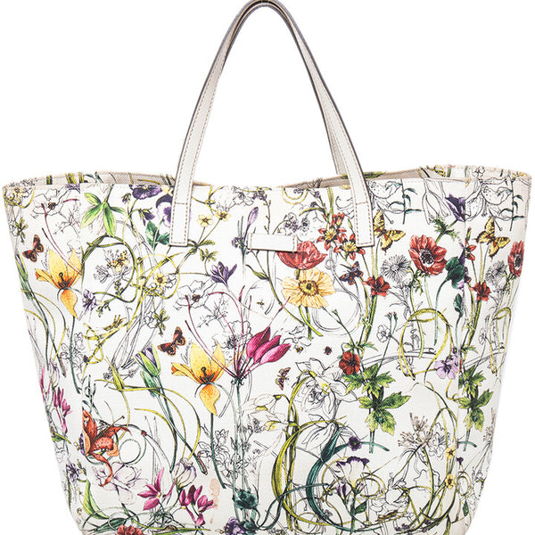 GUCCI White Flora Canvas Vintage Tote Bag w/Key Holder Set - The